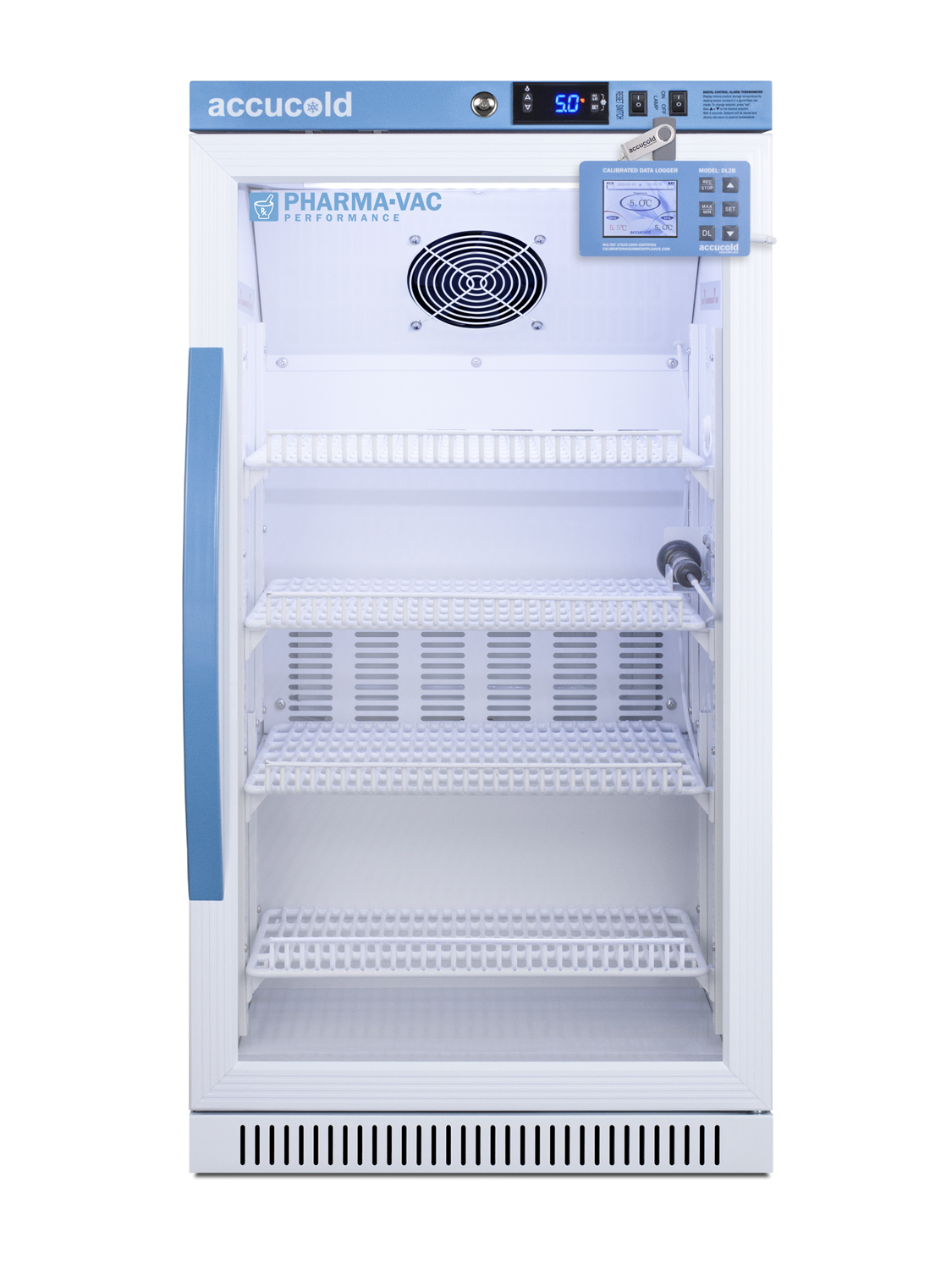 Performance series Pharma-Vac 2.83 cu.ft. ADA height glass door commercial all-refrigerator for the display and refrigeration of vaccines; designed for freestanding or recessed installation, with factory-installed data logger